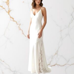 Gold Hawk White Bias Cut Liquid Drape and Lace Maxi Dress NWT